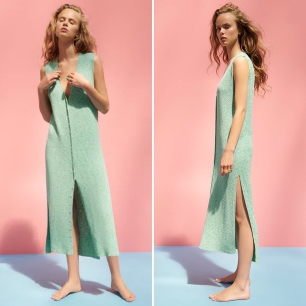 ZARA Green Button Front Sleeveless Knit Dress